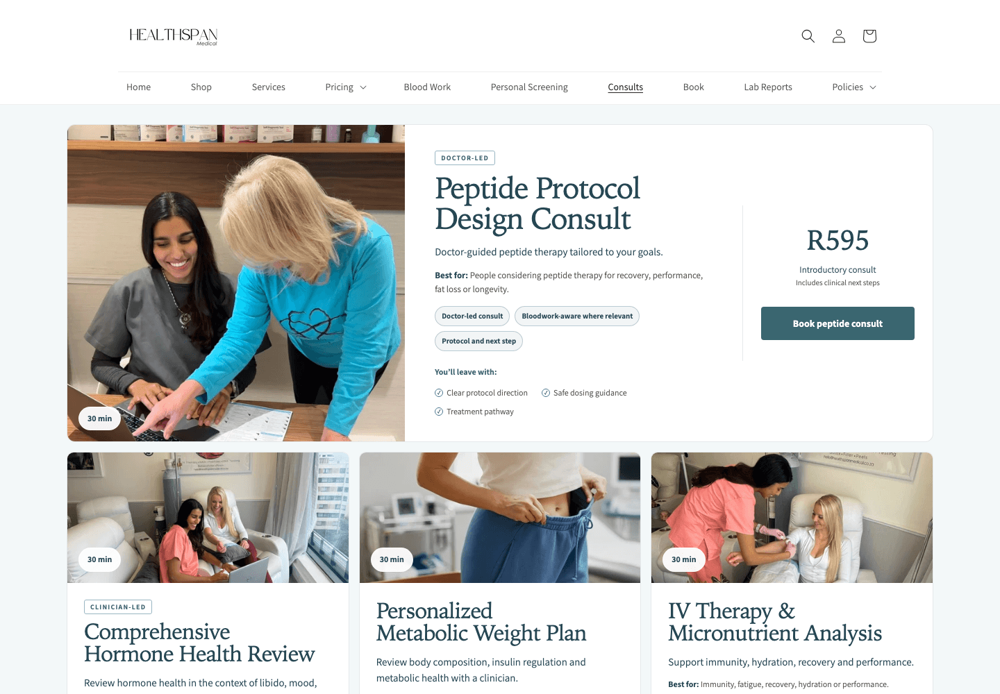 Healthspan consultation page showing medical consult options and booking actions.