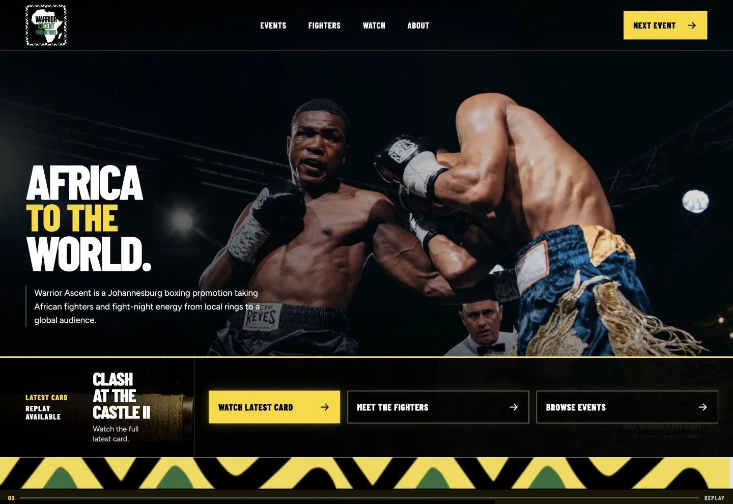 The completed Warrior Ascent website, showing its Africa to the World boxing introduction and routes to fights, fighters and events.